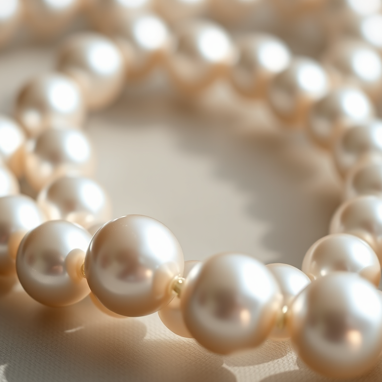 Close-up of a strand of luminous pearl beads, showcasing their smooth and shiny surfaces.